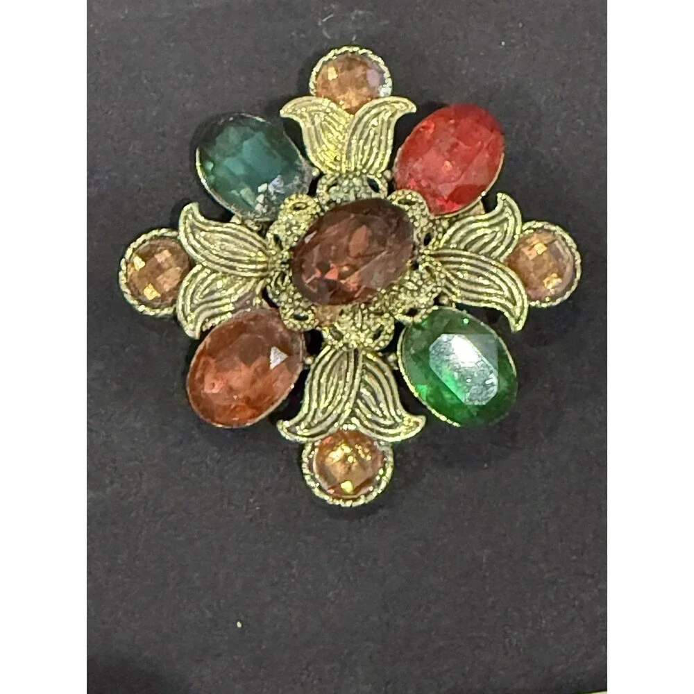 Large Gold Tone Floral Brooch - Multi-Color Faux Gemstone Pin Costume Jewelry